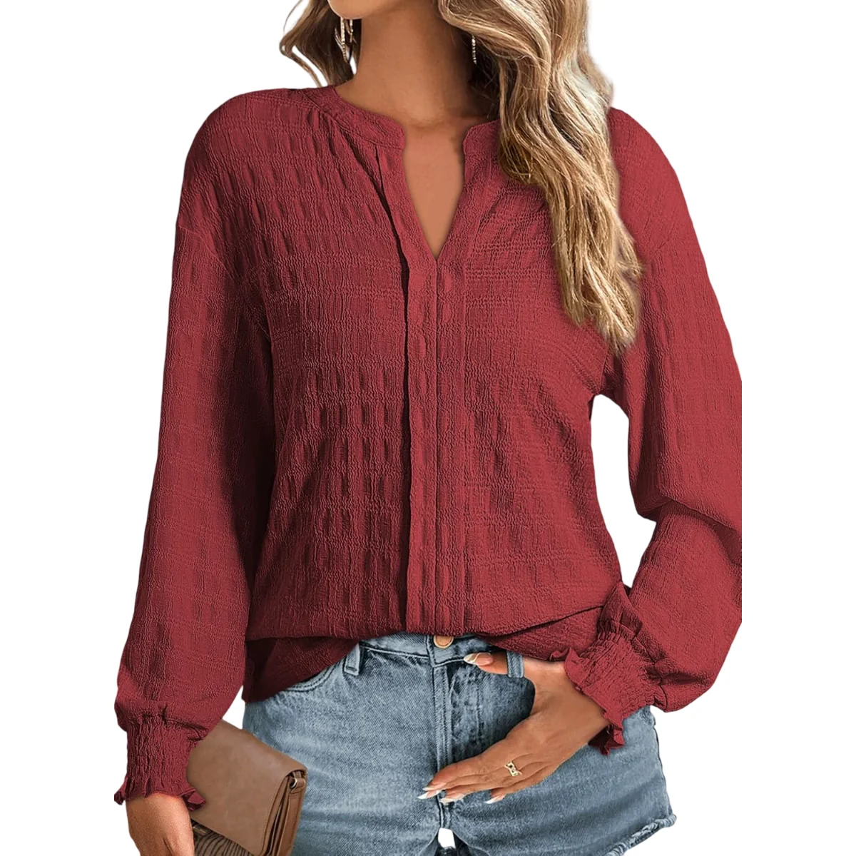 Bluzka Damska V-Neck Długi Rękaw Casualowa Elegancka Stylowa Bordowa XL