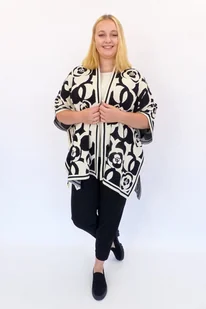 Czarno-beżowe Eleganckie Ponczo Damskie w Róże UNI - Swetry damskie - miniaturka - grafika 1
