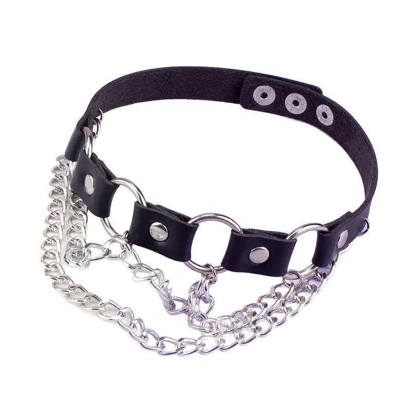 Choker Skórzany Czarny z Łańcuszkami