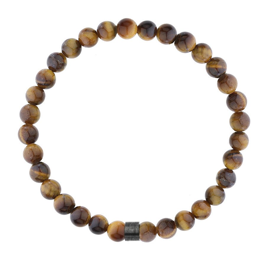 Bransoletka męska brązowe kulki tygrysie oko z czarnym charmsem.