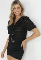 Koszule damskie - Czarna Koronkowa Koszula z Krótkim Rękawem Cherina - miniaturka - grafika 1