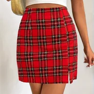 Spódnice - TEMU Spódnica w Elegancką Kratę dla Kobiet z Rozcięciem na Dołku - Czerwono-Czarna Spódniczka w Stylu Tartan, Pranie w Pralce, Średnio Elastyczna na - miniaturka - grafika 1