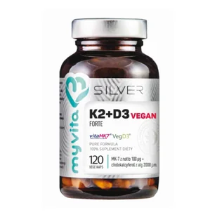 MyVita Witamina K2 K-2 100 g + D3 D-3 2000 IU Vegan Forte 120 kapsułek 66 g Silver Pure 5903021592002 - Witaminy i minerały - miniaturka - grafika 1