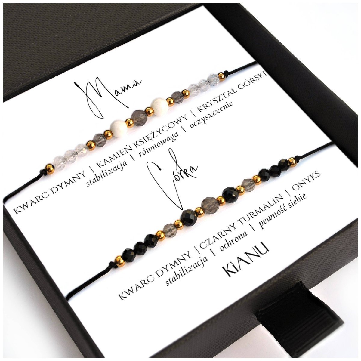 Zestaw bransoletek KiANU dla Mamy i Córki Czarny Turmalin Kwarc Dymny Onyks Kryształ Górski i Kamień Księżycowy Srebro Złoto 24K Prezent na Dzień Mamy
