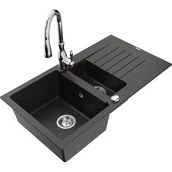 Zlewozmywaki z baterią - Mexen Matias zlewozmywak granitowy 1,5-komorowy z ociekaczem i baterią kuchenną Savita, czarny/złoty - miniaturka - grafika 1