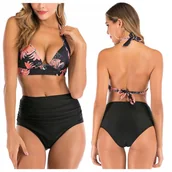 Stroje kąpielowe - STRÓJ KĄPIELOWY WYSZCZUPLAJĄCY KWIATY PRINT KOSTIUM BIKINI WYSOKI STAN HIT S - miniaturka - grafika 1