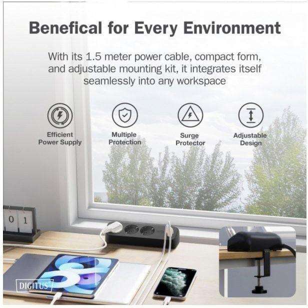 Listwa zasilająca Digitus Listwa zasilająca biurkowa, 3 gniazda Schuko, 2x USB-A 2x 12W, 1x USB-C 30W z zaciskiem na blat, kabel 1,5m, czarna DA-70625