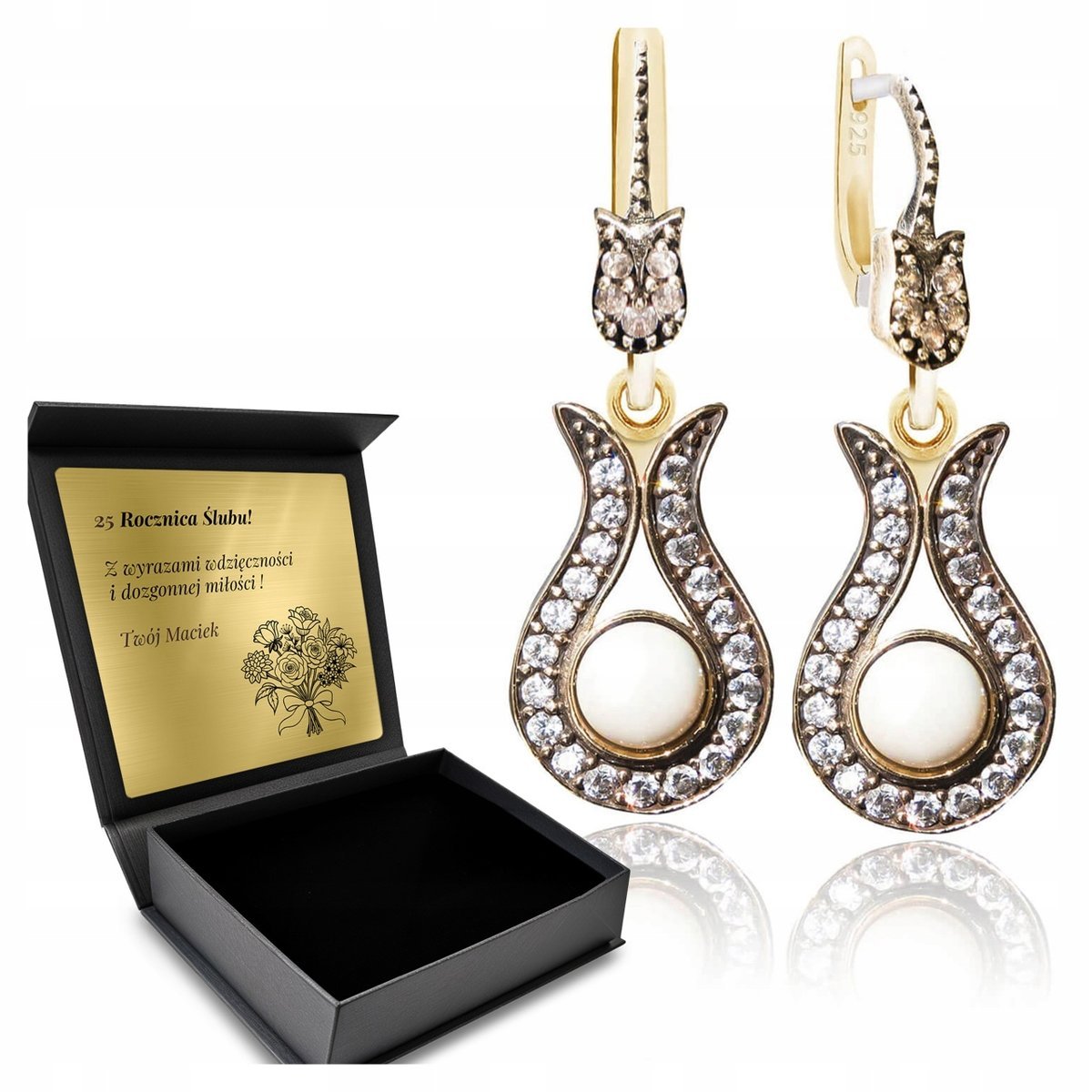 Kolczyki Srebrne 925 Cyrkonie Perła Biżuteria Dla Kobiety + Grawer