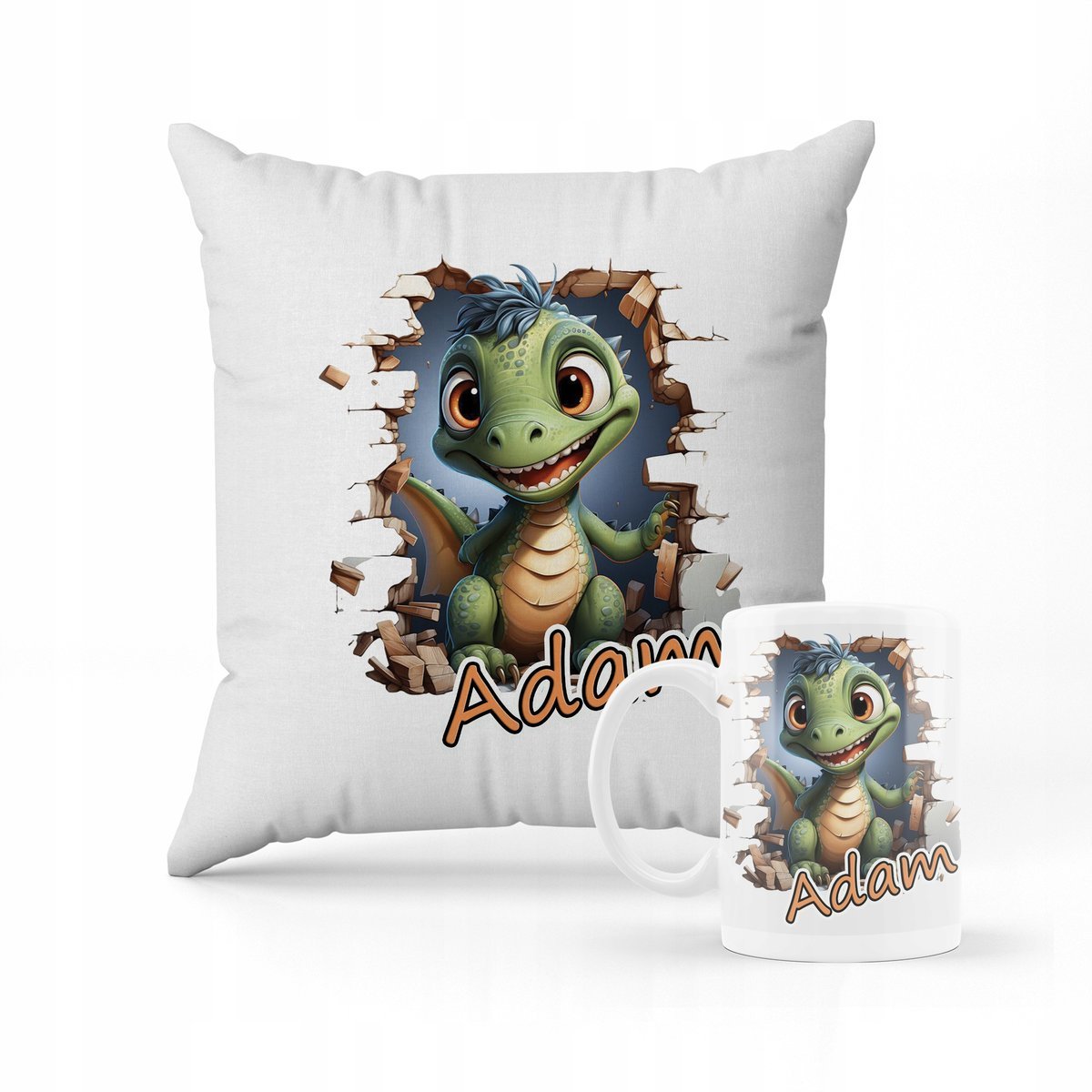 ZESTAW PODUSZKA + KUBEK Prezent dinozaur bajka + IMIĘ