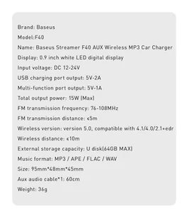Baseus F40 nadajnik transmiter FM audio Bluetooth port AUX ładowarka samochodowa 2x USB 15W 2A czarny (CCF40-01) - Ładowarki samochodowe - miniaturka - grafika 22