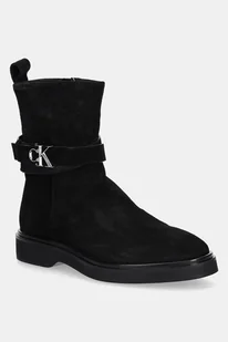 Calvin Klein botki zamszowe ANKLE BOOT W/ METAL LOGO SUE damskie kolor czarny na płaskim obcasie HW0HW02664 - Botki damskie - miniaturka - grafika 1