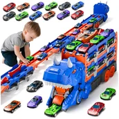 Zabawki konstrukcyjne - Ciężarówka Tor Wyścigowy Dinozaur 3w1 Wyrzutnia Laweta 12 Samochodzików - miniaturka - grafika 1