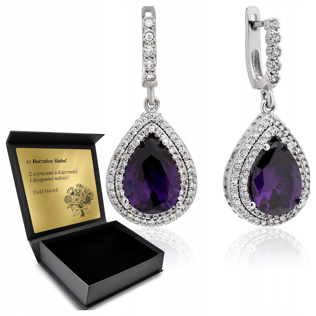 Kolczyki Srebrne 925 Cyrkonie Ametyst Biżuteria Dla Kobiety + Grawer