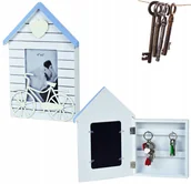Szafki na klucze - ŚŁIUCZNA DREWNIANA SZAFKA NA KLUCZE SKRZYNKA ZAMYKANA 4 HACZYKI DOMEK RAMKA - miniaturka - grafika 1