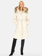 Płaszcze damskie - Długi puchowy płaszcz damski z ozdobnym paskiem XL Jasno-beżowy - miniaturka - grafika 1