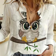 Inne - TEMU Koszula Damska z Długim Rękawem i Kołnierzykiem z Unikatowym Nadrukiem Sowy - 100% Poliester, Możliwość Prania w Pralce - miniaturka - grafika 1