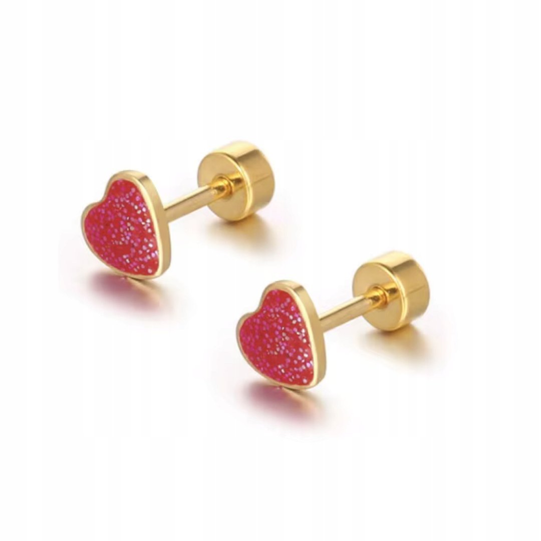 Kolczyki Sztyfty Serduszka Czerwone z Kolorem Złotym Delikatna Biżuteria