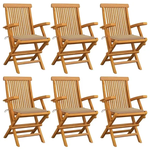 Zestaw 6 krzeseł ogrodowych z drewna tekowego z beżowymi poduszkami 55x60
