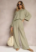 Komplety damskie - Ciemnozielony Komplet z Wiskozy Bluzka o Kroju Nietoperza i Szerokie Spodnie Qadrina - miniaturka - grafika 1