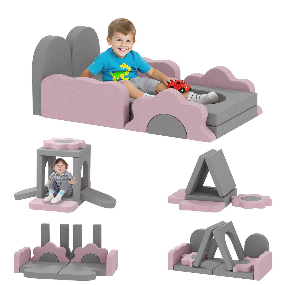 Sofa do zabawy AIYAPLAY, sofa dziecięca z piankowych klocków, 12 elementów, miękkie klocki wspinaczkowe z basenem z piłeczkami, duże klocki, szare