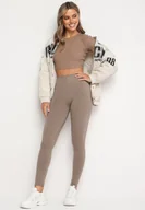 Legginsy - Ciemnobeżowe Legginsy z Gumką w Pasie z Regularnym Stanem Timalanie - miniaturka - grafika 1