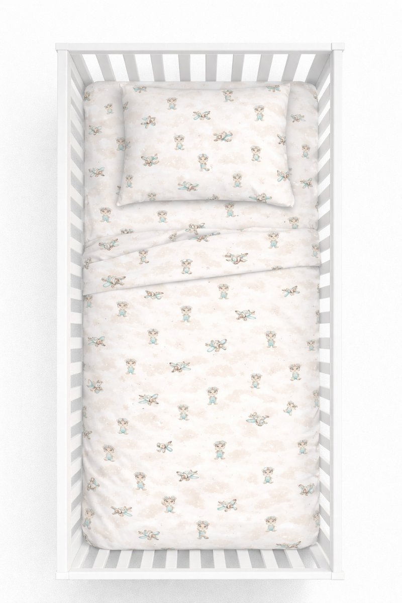 Pościel bawełniana 120x90 + poszewka 40x60 oeko-tex zapakowana koci piloci