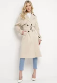 Płaszcze damskie - Beżowy Długi Płaszcz Trencz o Klasycznym Fasonie z Paskiem Nasde - miniaturka - grafika 1