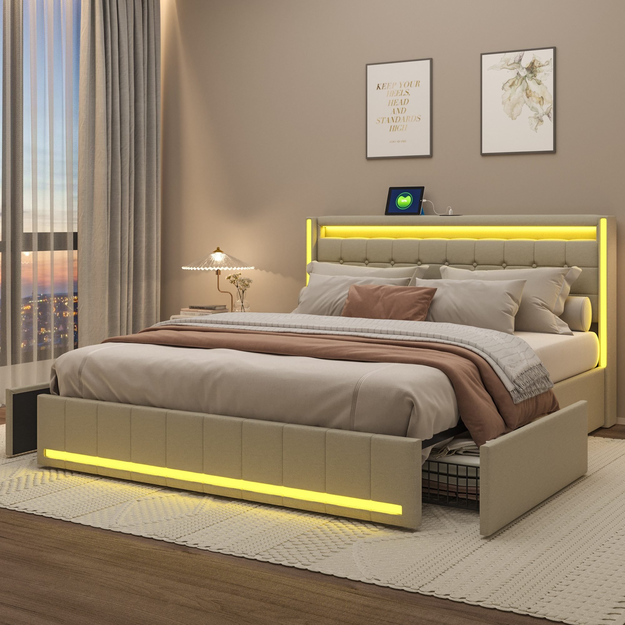 Łóżko tapicerowane Fortuna Lai 140x200cm podwójne łóżko do przechowywania, odpowiednie dla nastolatków i dzieci, z oświetleniem LED i złączami USB/Type-C, pościel, beżowy