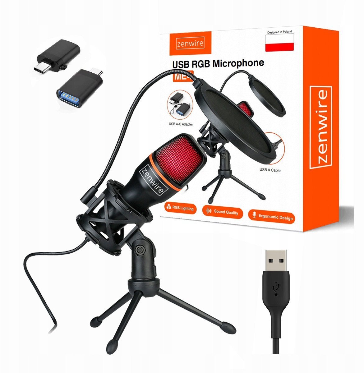 Mikrofon Pojemnościowy Studyjny do Komputera PC Gamingowy RGB USB-C USB 3.0 Zenwire ME4