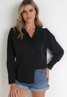 Koszule damskie - Czarna Koszula z Falbaną przy Ramionach i Kołnierzem Sarya - miniaturka - grafika 1