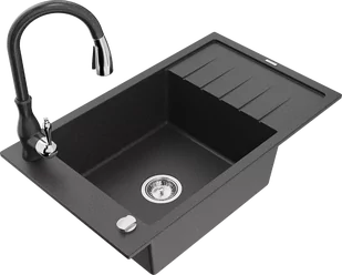 Mexen Elias zlewozmywak granitowy 1-komorowy z ociekaczem i baterią kuchenną Savita, czarny nakrapiany - 6511-76-672601-76 - Zlewozmywaki z baterią - miniaturka - grafika 1