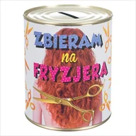 Skarbonki - Skarbonka metalowa z napisem 'Zbieram na fryzjera'. Rozmiar 12x10 cm - miniaturka - grafika 1