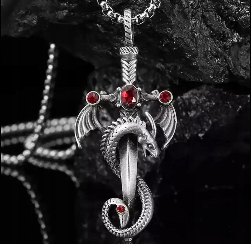 Naszyjnik wisiorek Smoczy Miecz Owinięty Smok srebrny prezent Y2K