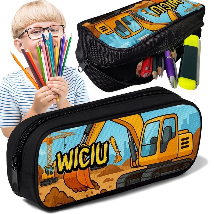 Piórnik TUBA + IMIĘ Koparka Budowa Personalizowany Szkolny Prezent