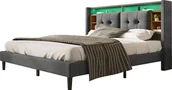 Łóżka - Łóżko tapicerowane Sweiko zagłówek z oświetleniem LED i stacją ładującą USB stelaż z listew z litego drewna 160x200 cm lniany szary (bez materaca) - miniaturka - grafika 1
