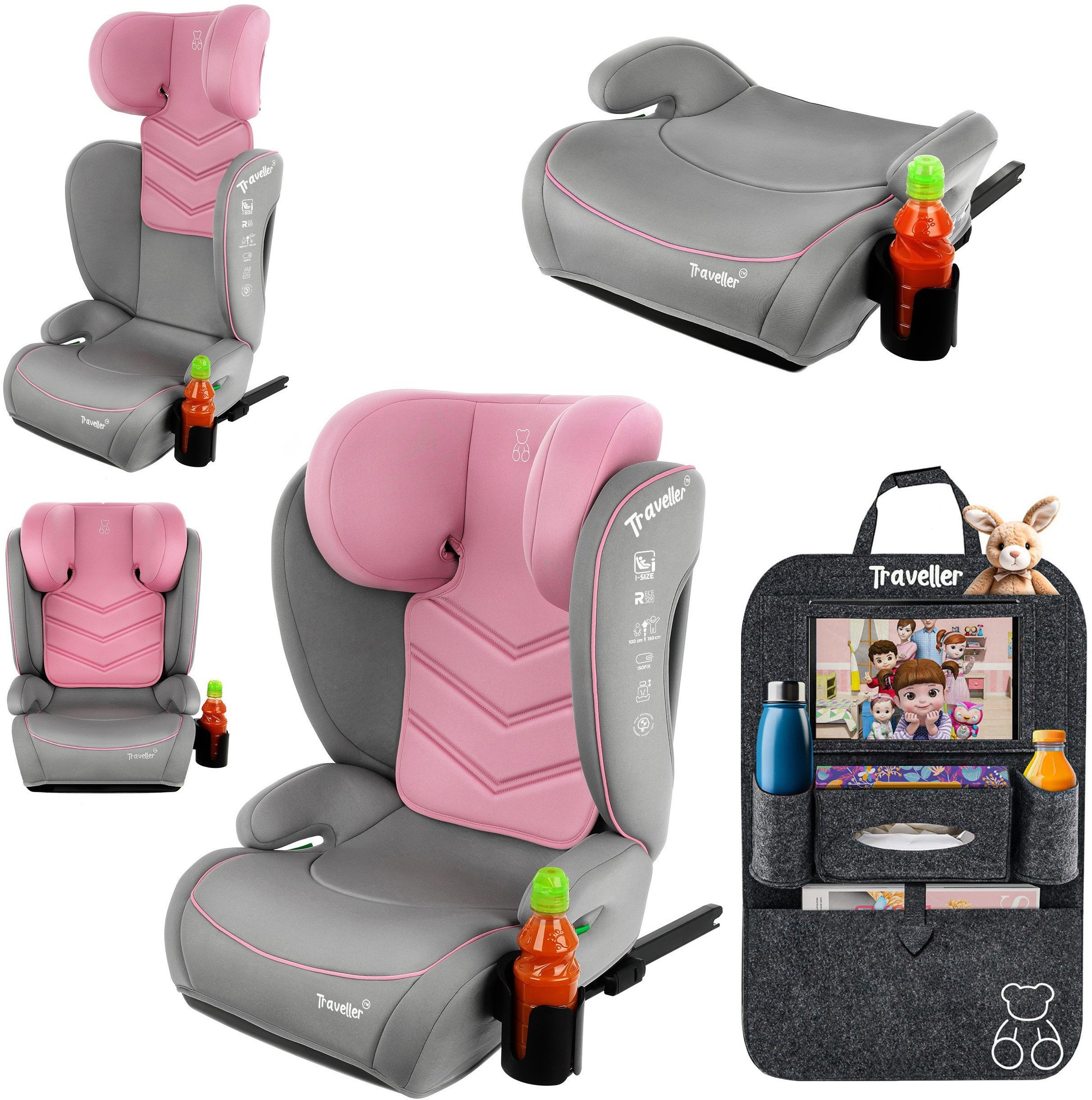 FOTELIK SAMOCHODOWY TRAVELLER SZARO RÓŻOWY Z ISOFIX KK