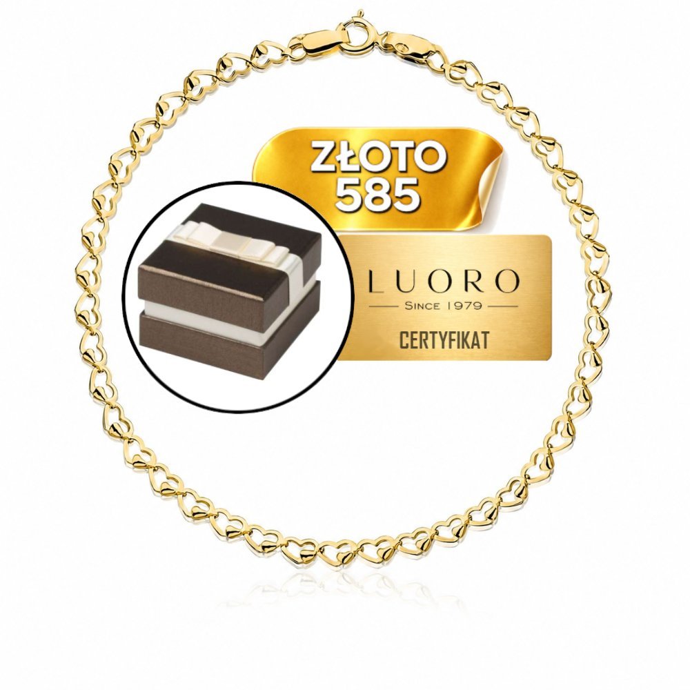 BRANSOLETKA ZŁOTA 585 14K SPLOT SERCA ŻÓŁTE ZŁOTO 19 CM ELEGANCKA