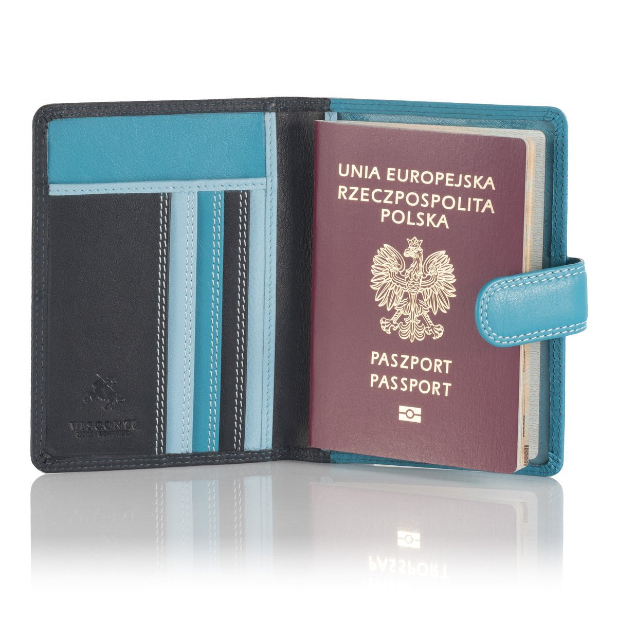 Kolorowe skórzane etui na paszport Visconti RB-75 RFID - niebieski