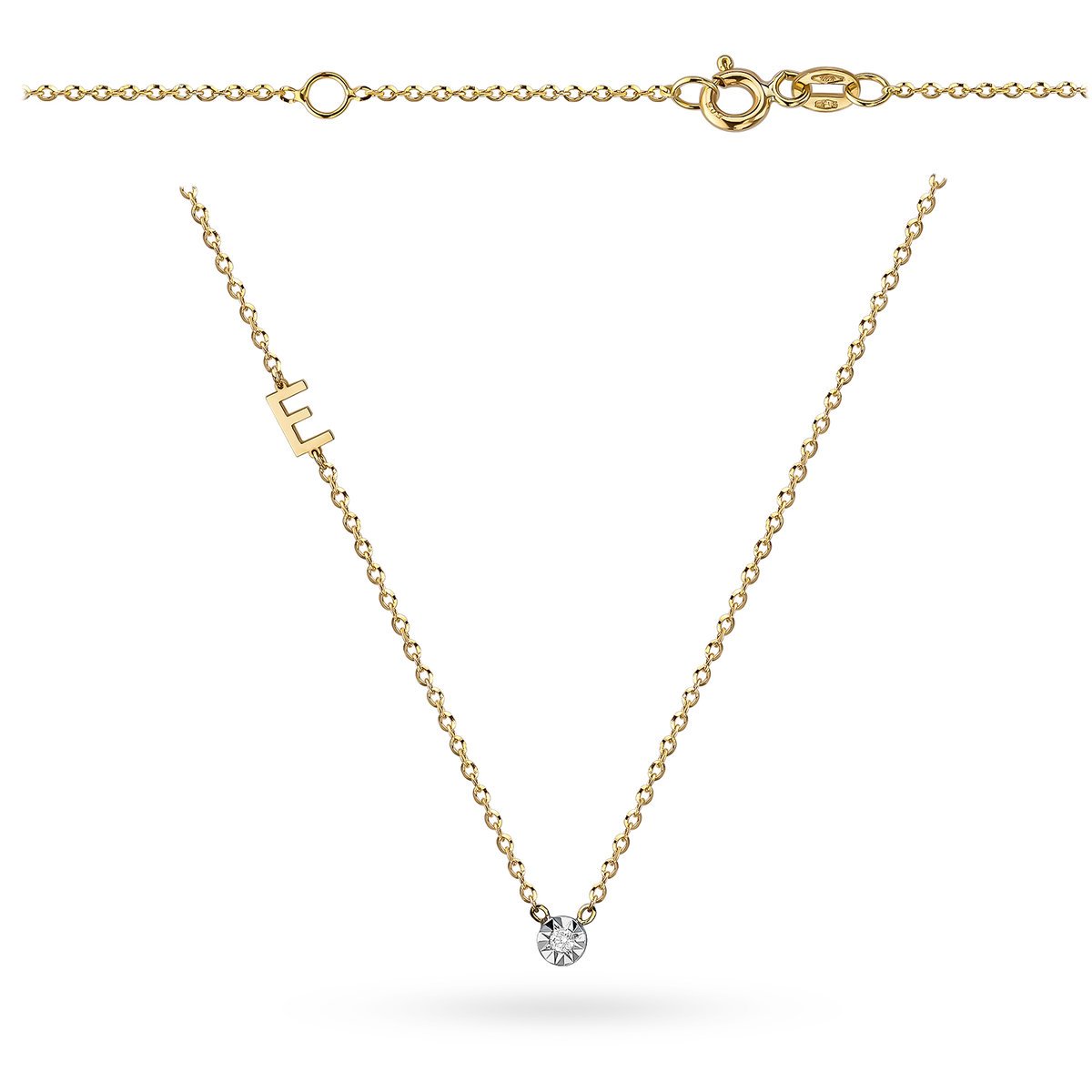 Naszyjnik z literką E i brylantem 0.02ct 38cm złoto pr. 585