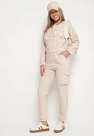 Bluzy sportowe damskie - Beżowy Komplet Dresowy w Stylu Cargo Bluza na Suwak i Joggery Sitene - miniaturka - grafika 1