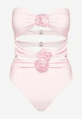 Stroje kąpielowe - Różowy Jednoczęściowy Strój Kąpielowy z Wycięciami i Aplikacjami w Formie Kwiatów Vegelia - miniaturka - grafika 1