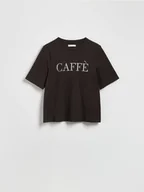 Koszulki i topy damskie - Reserved - T-shirt z haftowanym napisem - ciemnobrązowy - miniaturka - grafika 1