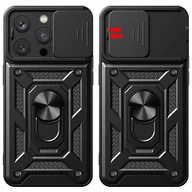 Części i akcesoria do laptopów - Etui pancerne do iPhone 15 Pro Max Camshield Case Ring Alogy Stand z osłonką na aparat slide czarne + Szkło - miniaturka - grafika 1