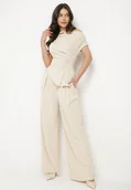 Komplety damskie - Beżowy Komplet Asymetryczna Bluzka z Marszczeniem i Szerokie Spodnie Filuriela - miniaturka - grafika 1