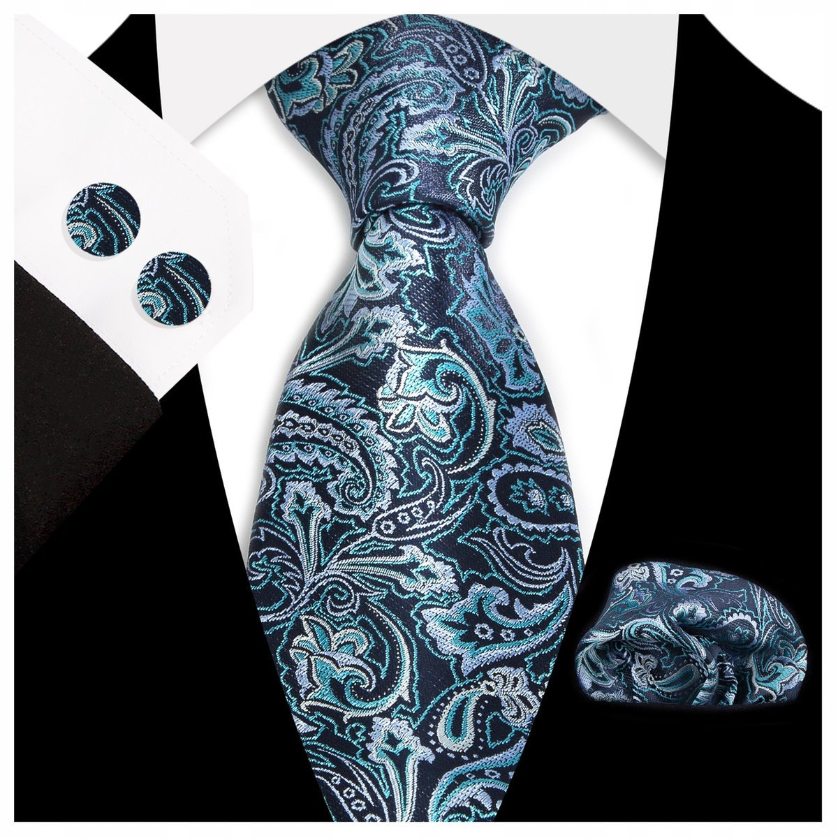 Żakardowy zestaw - krawat + poszetka + spinki