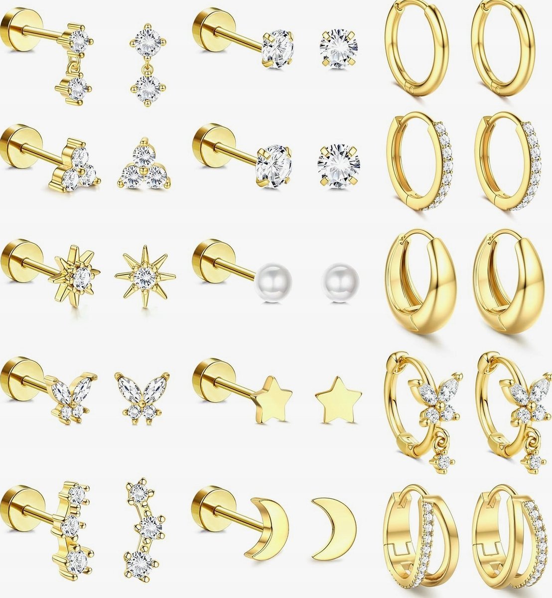 KOLCZYKI 15 PAR HIPOALERGICZNE ZE STALI ZESTAW BIŻUTERIA PIERCING DAMSKI