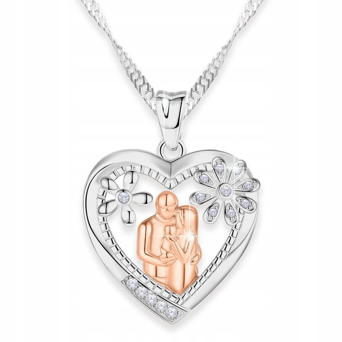 Naszyjnik Srebrny Rodzina z Cyrkoniami Kwiaty Mama Dziecko SREBRO 925