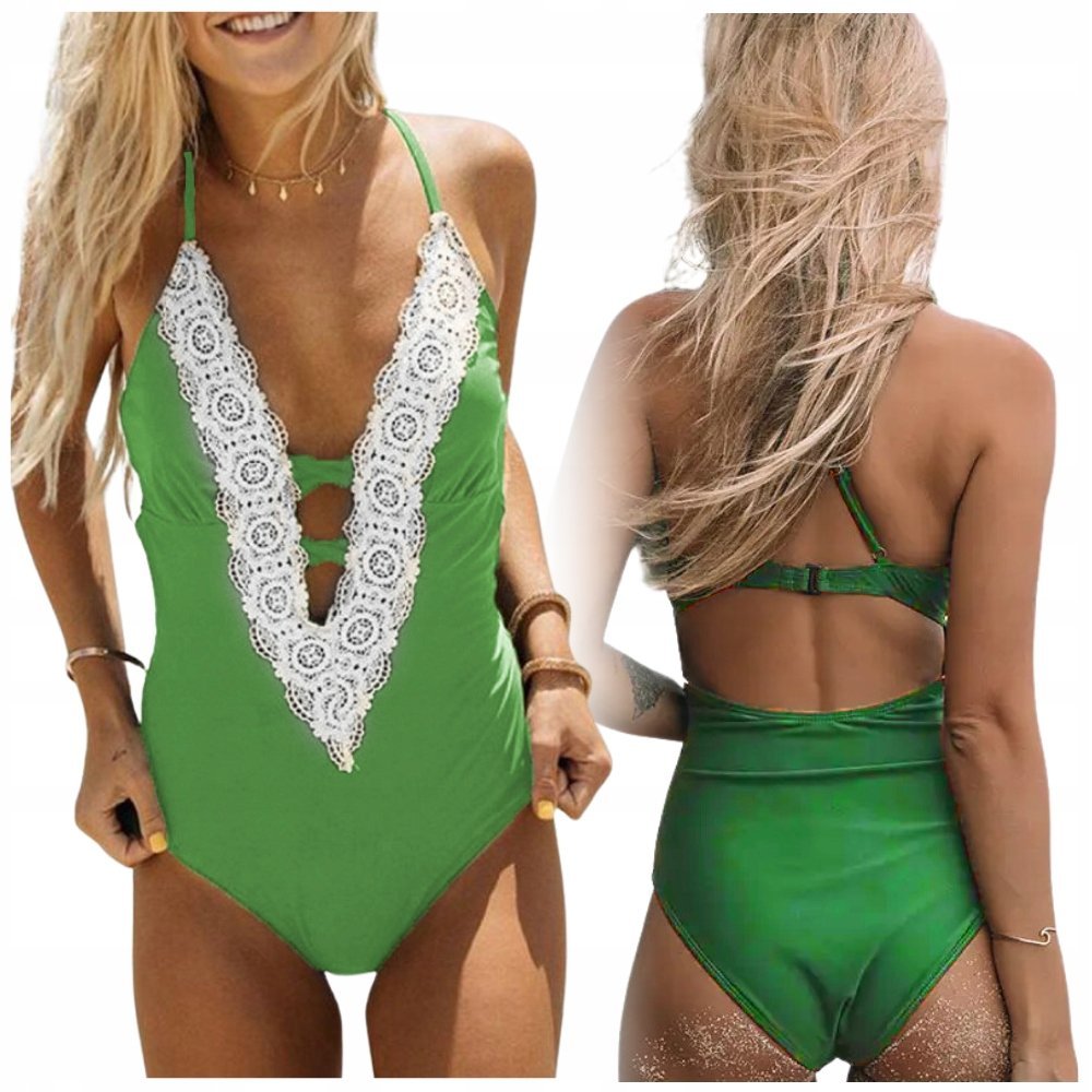 KOSTIUM STRÓJ KĄPIELOWY JEDNOCZĘŚCIOWY KORONKA WYCIĘTY WYSZCZUPLAJĄCY L