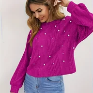 Bluzki damskie - TEMU Elegancki top damski z rękawami w kształcie latarni i detalem z kryształków - okrągły dekolt, jednokolorowy, zapinany z przodu na wiosnę/jesień, - miniaturka - grafika 1