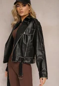 Kurtki damskie - Czarna Kurtka Ramoneska Vintage z Ekoskóry z Paskiem i Asymetrycznym Suwakiem Leovia - miniaturka - grafika 1
